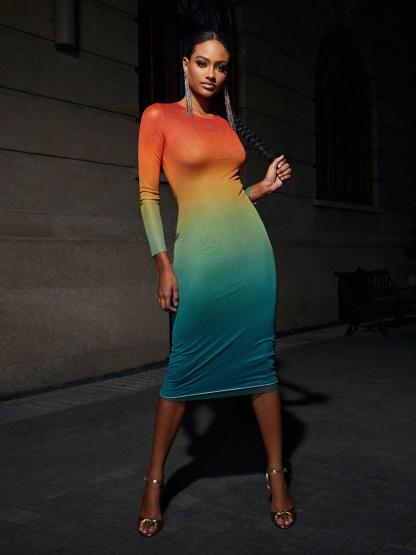 Colorful Ombre Long Sleeve Mesh Midi Dress | Mix Mix Style [Hot Seller]-Mix MIx Style