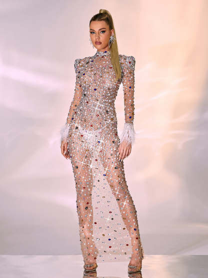 Silver Long Sleeve Embellished Feather Maxi Dress | Mix Mix Style [Hot Seller]-Mix MIx Style
