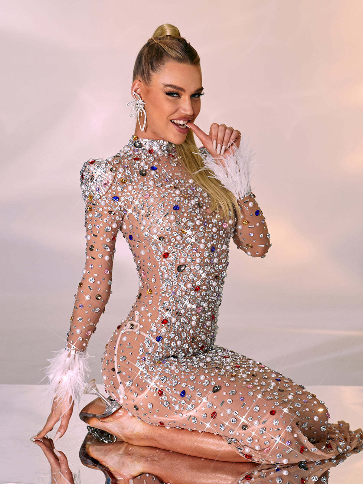 Silver Long Sleeve Embellished Feather Maxi Dress | Mix Mix Style [Hot Seller]-Mix MIx Style