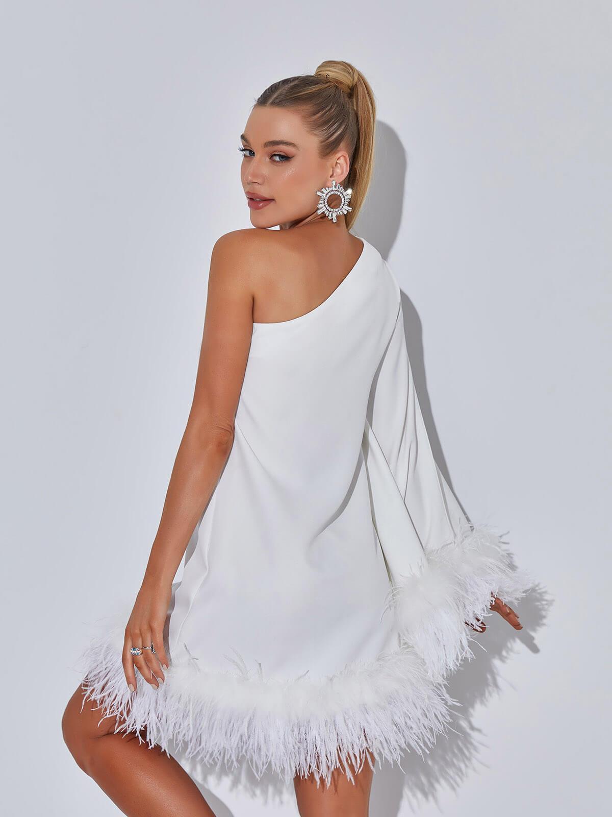 One Shoulder Feather Mini Dress In White | Mix Mix Style [Hot Seller]-Mix MIx Style