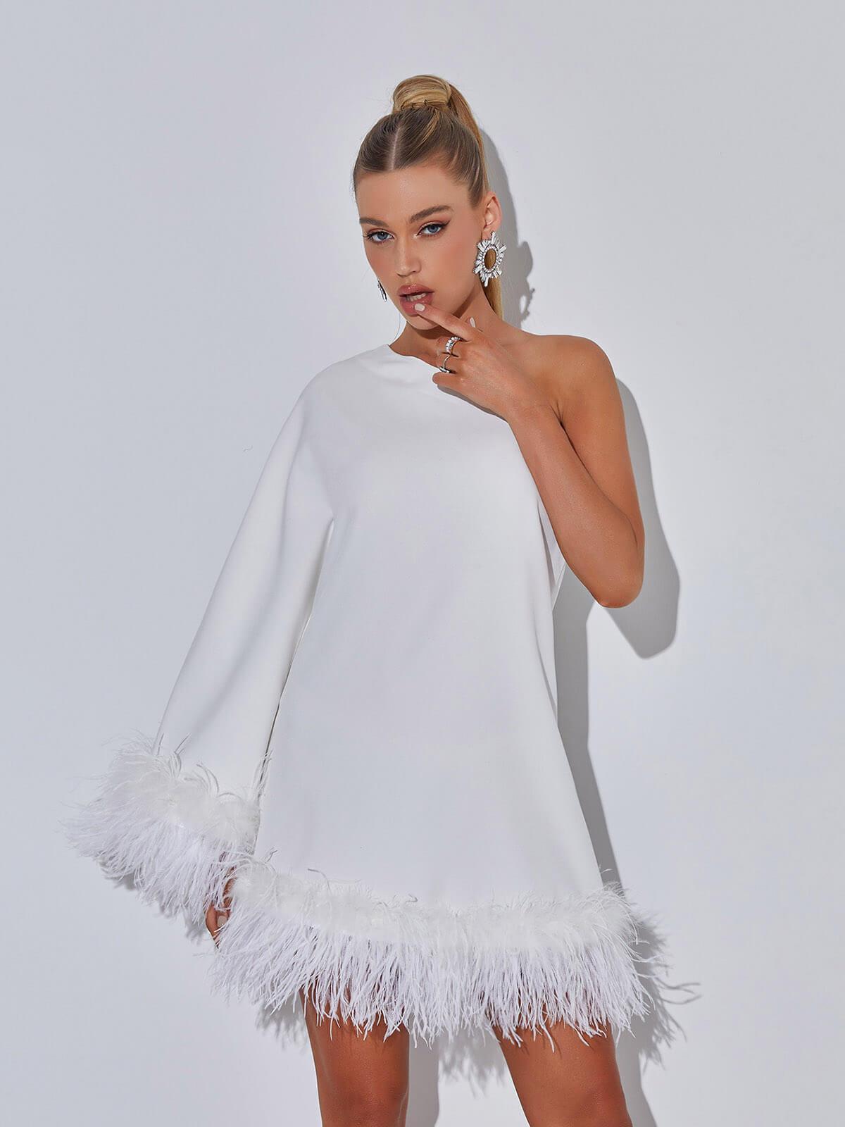 One Shoulder Feather Mini Dress In White | Mix Mix Style [Hot Seller]-Mix MIx Style