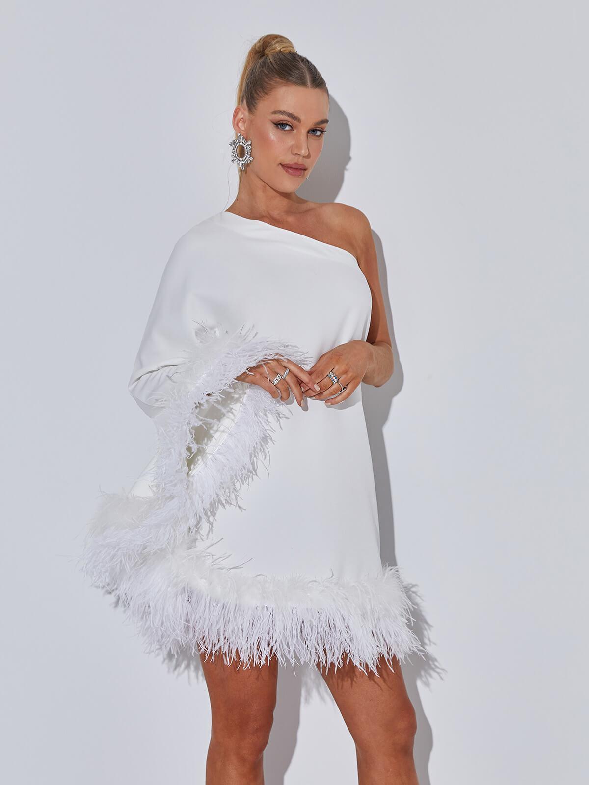 One Shoulder Feather Mini Dress In White | Mix Mix Style [Hot Seller]-Mix MIx Style