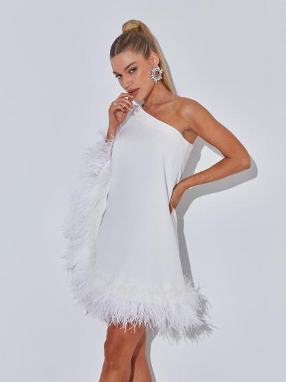 One Shoulder Feather Mini Dress In White | Mix Mix Style [Hot Seller]-Mix MIx Style