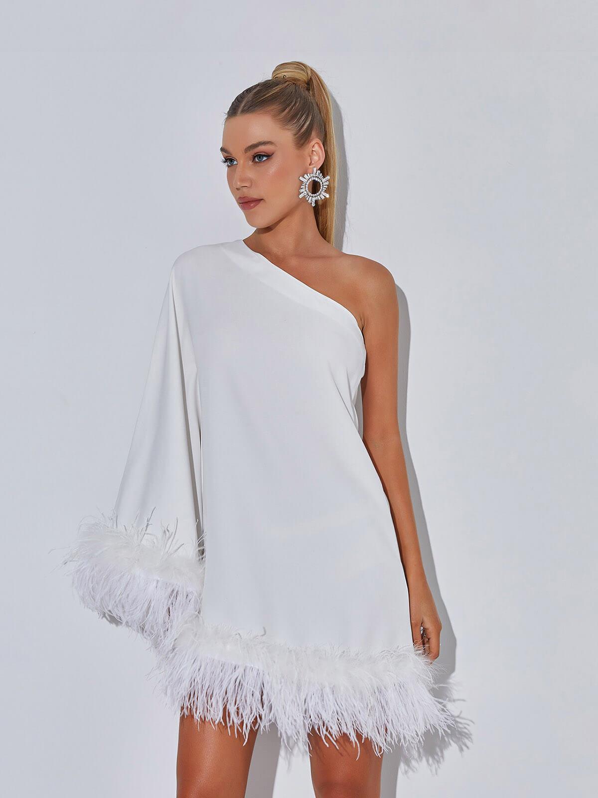 One Shoulder Feather Mini Dress In White | Mix Mix Style [Hot Seller]-Mix MIx Style