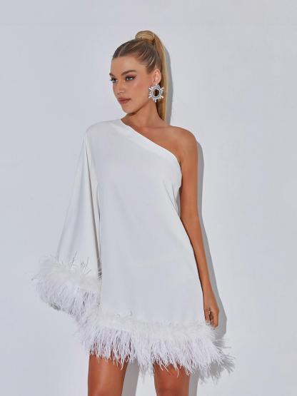 One Shoulder Feather Mini Dress In White | Mix Mix Style [Hot Seller]-Mix MIx Style