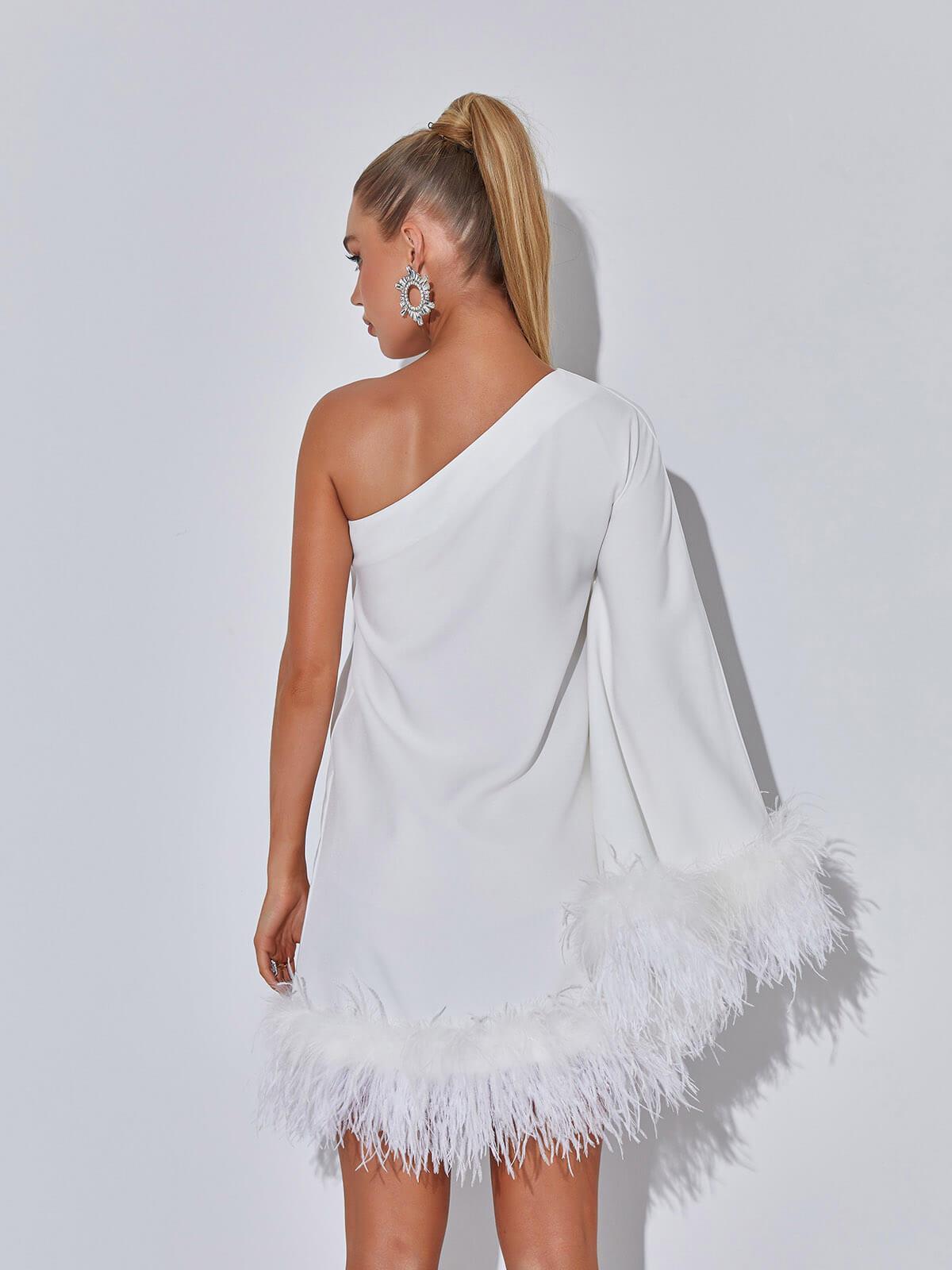 One Shoulder Feather Mini Dress In White | Mix Mix Style [Hot Seller]-Mix MIx Style