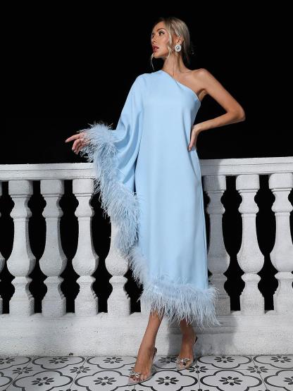 Ceridwen One Shoulder Feather Trimmed Maxi Dress In Blue-Mix MIx Style