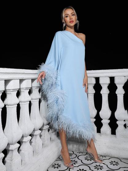 Ceridwen One Shoulder Feather Trimmed Maxi Dress In Blue-Mix MIx Style