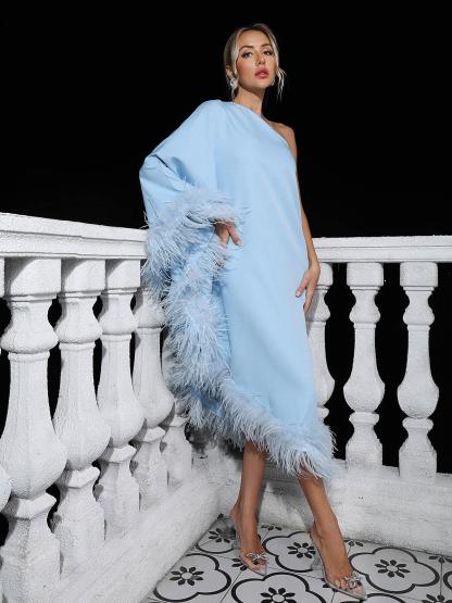 Ceridwen One Shoulder Feather Trimmed Maxi Dress In Blue-Mix MIx Style