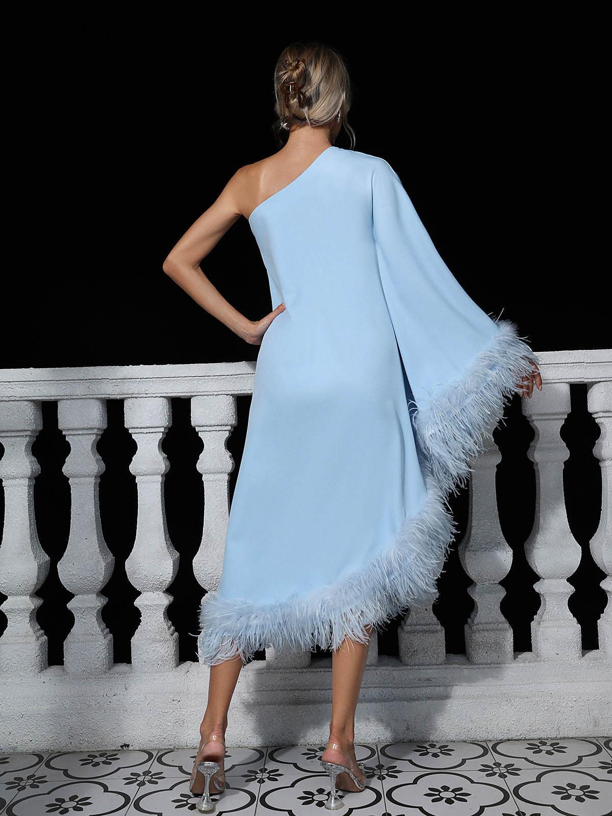 Ceridwen One Shoulder Feather Trimmed Maxi Dress In Blue-Mix MIx Style