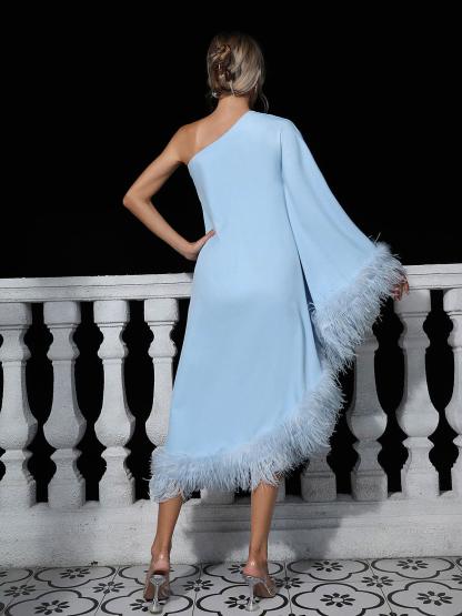 Ceridwen One Shoulder Feather Trimmed Maxi Dress In Blue-Mix MIx Style