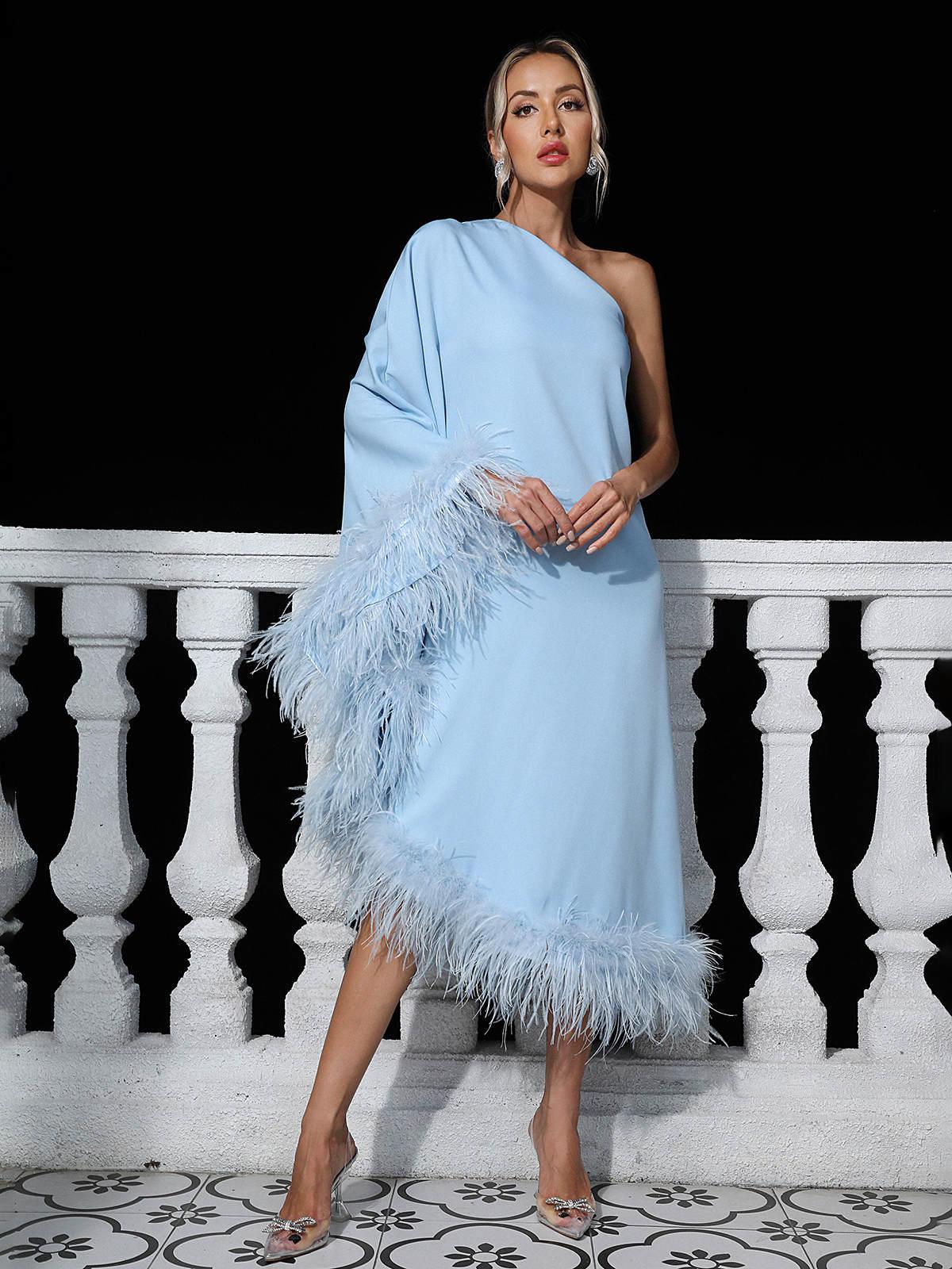 Ceridwen One Shoulder Feather Trimmed Maxi Dress In Blue-Mix MIx Style