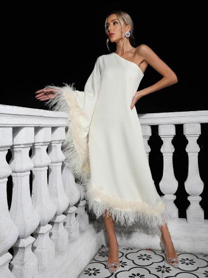 One Shoulder Feather Trimmed Maxi Dress In White | Mix Mix Style [Hot Seller]-Mix MIx Style