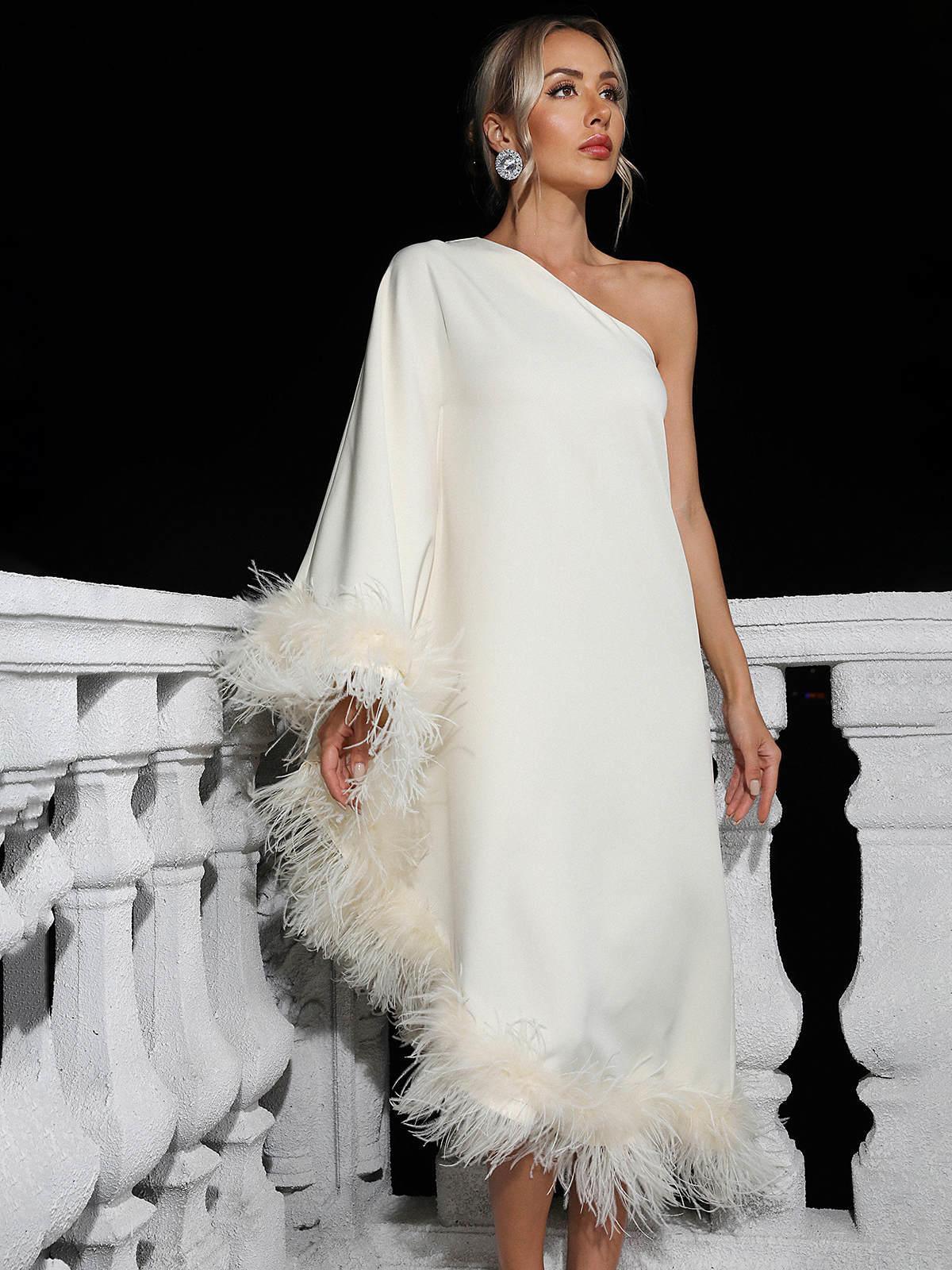 One Shoulder Feather Trimmed Maxi Dress In White | Mix Mix Style [Hot Seller]-Mix MIx Style