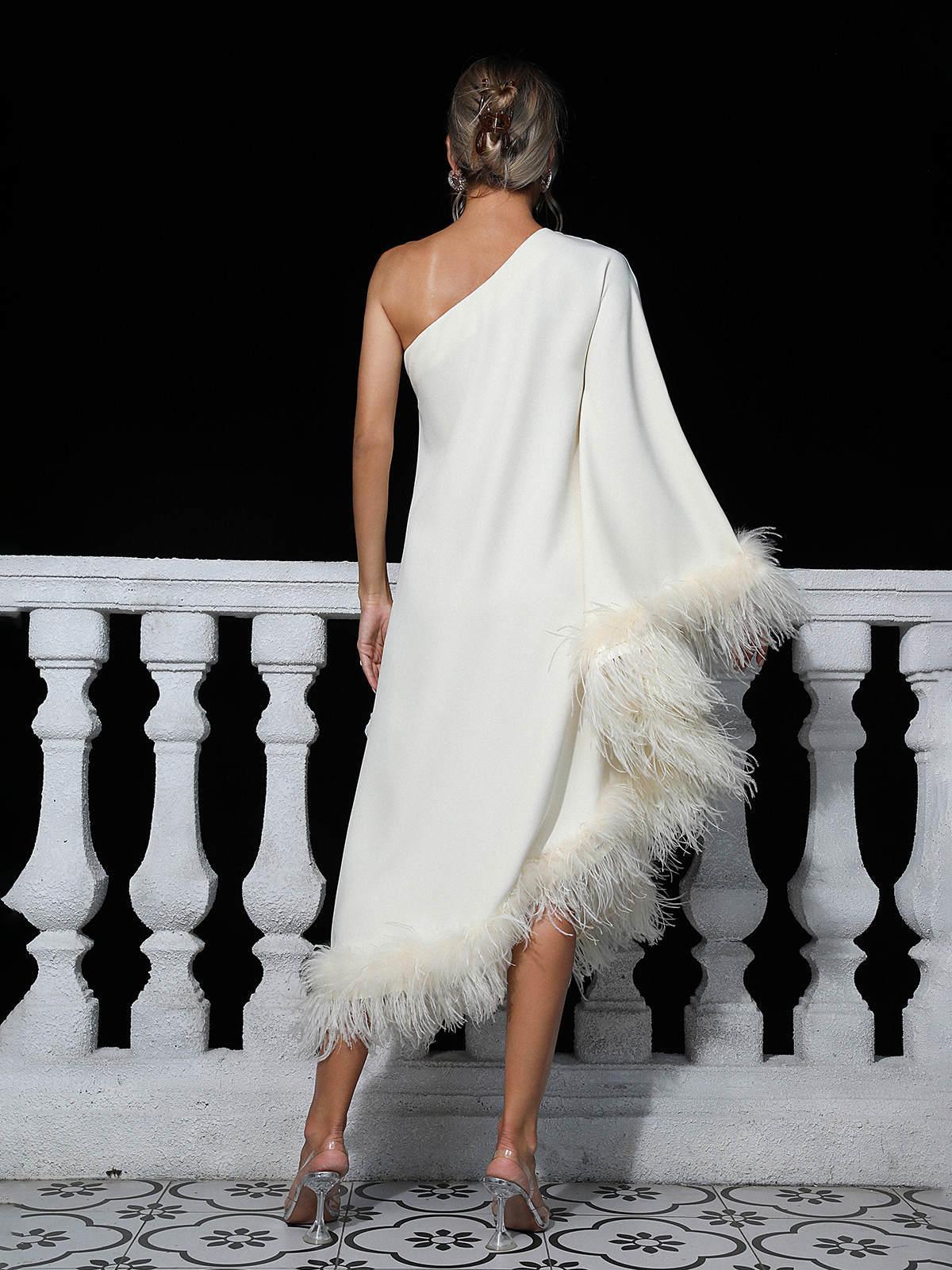 One Shoulder Feather Trimmed Maxi Dress In White | Mix Mix Style [Hot Seller]-Mix MIx Style