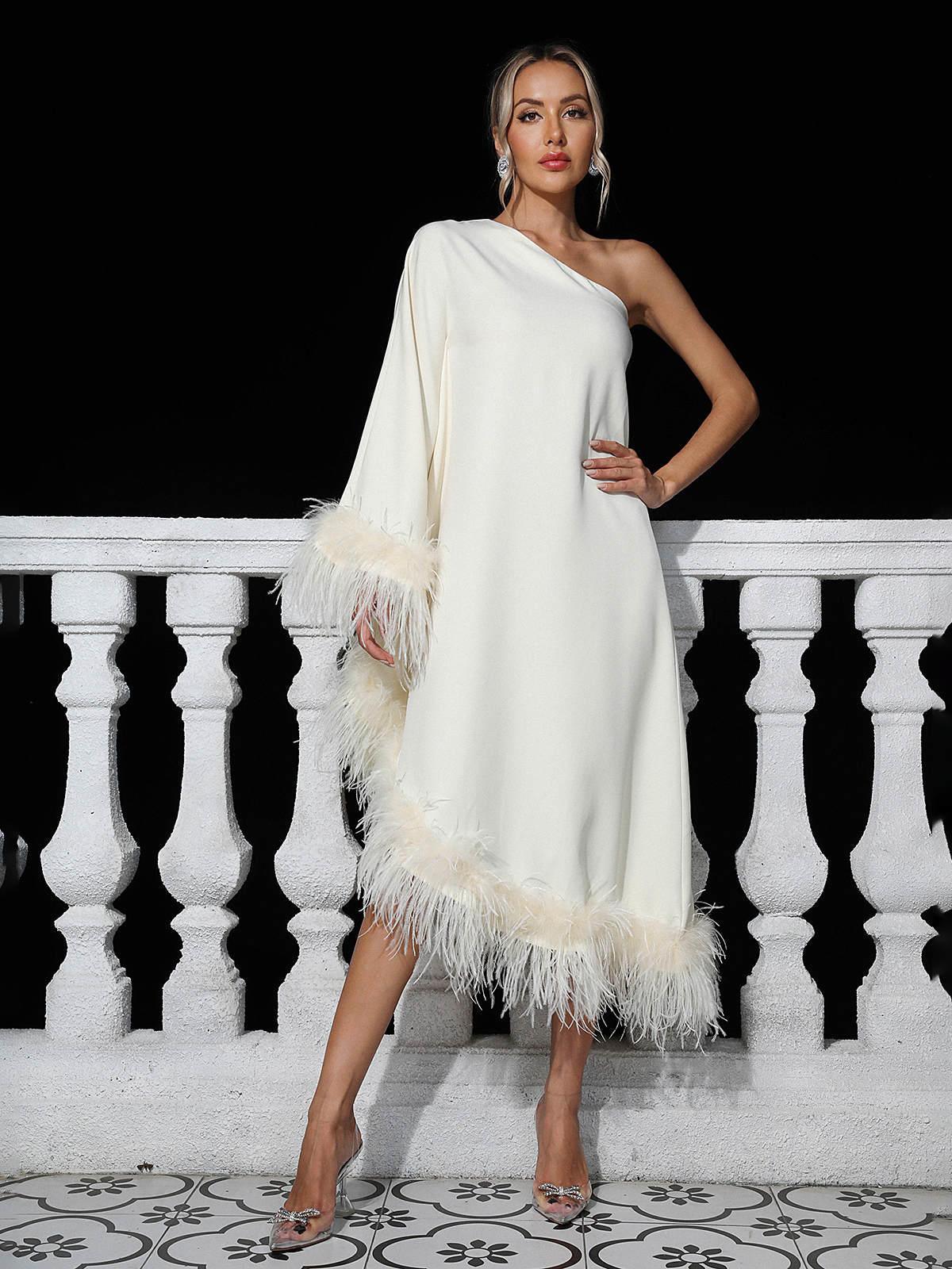 One Shoulder Feather Trimmed Maxi Dress In White | Mix Mix Style [Hot Seller]-Mix MIx Style