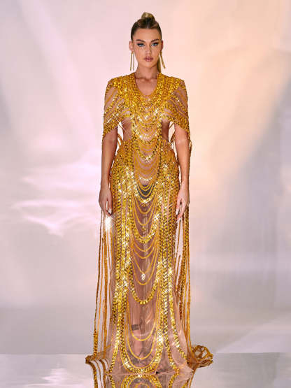 Chana Sequin Crystal Mesh Maxi Dress-Mix MIx Style