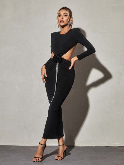 Chandani Long Sleeve Flower Fringe Midi Dress in Black-Mix MIx Style