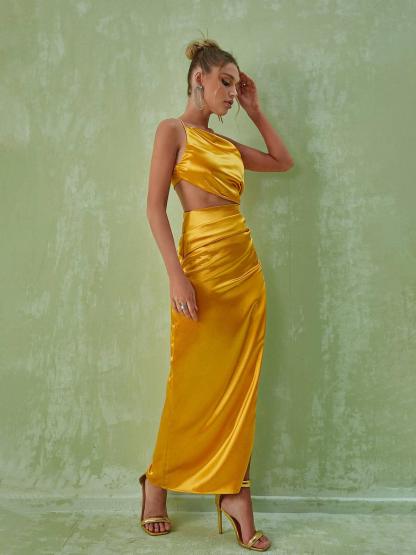 Chara One Shoulder Cutout Maxi Dress In Gold-Mix MIx Style