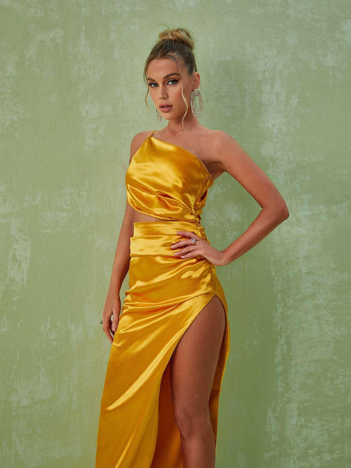 Chara One Shoulder Cutout Maxi Dress In Gold-Mix MIx Style