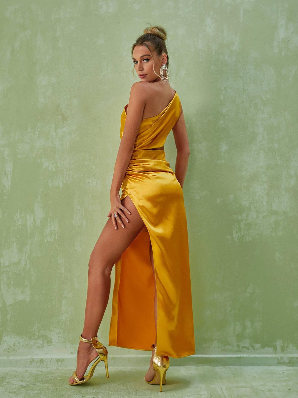 Chara One Shoulder Cutout Maxi Dress In Gold-Mix MIx Style