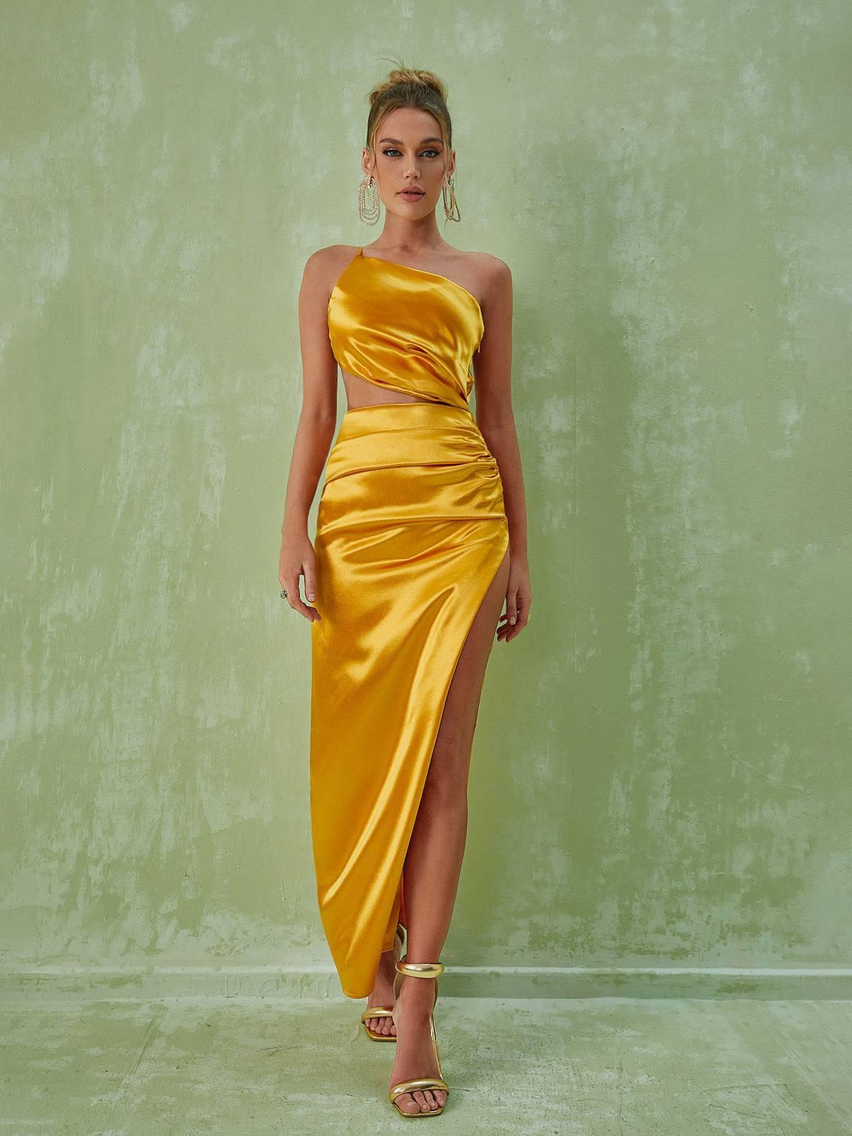 Chara One Shoulder Cutout Maxi Dress In Gold-Mix MIx Style