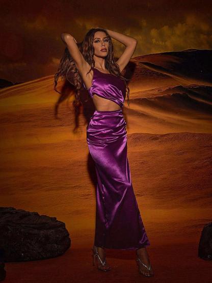 Chara One Shoulder Cutout Maxi Dress In Purple-Mix MIx Style