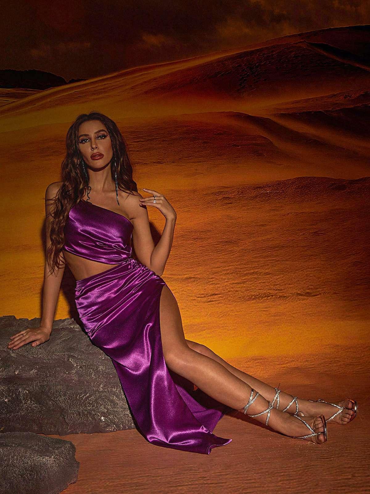 Chara One Shoulder Cutout Maxi Dress In Purple-Mix MIx Style