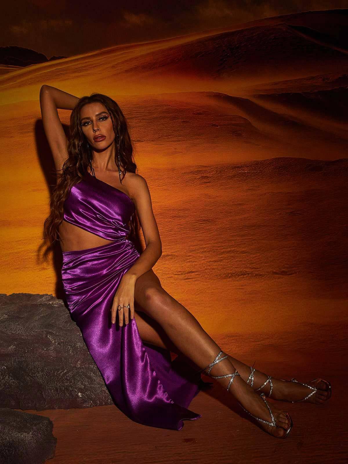 Chara One Shoulder Cutout Maxi Dress In Purple-Mix MIx Style