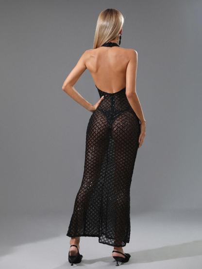 Charlene Halterneck Sequin Maxi Dress In Black-Mix MIx Style