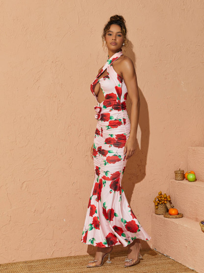 Charlotte Halterneck Rose Printed Maxi Dress-Mix MIx Style