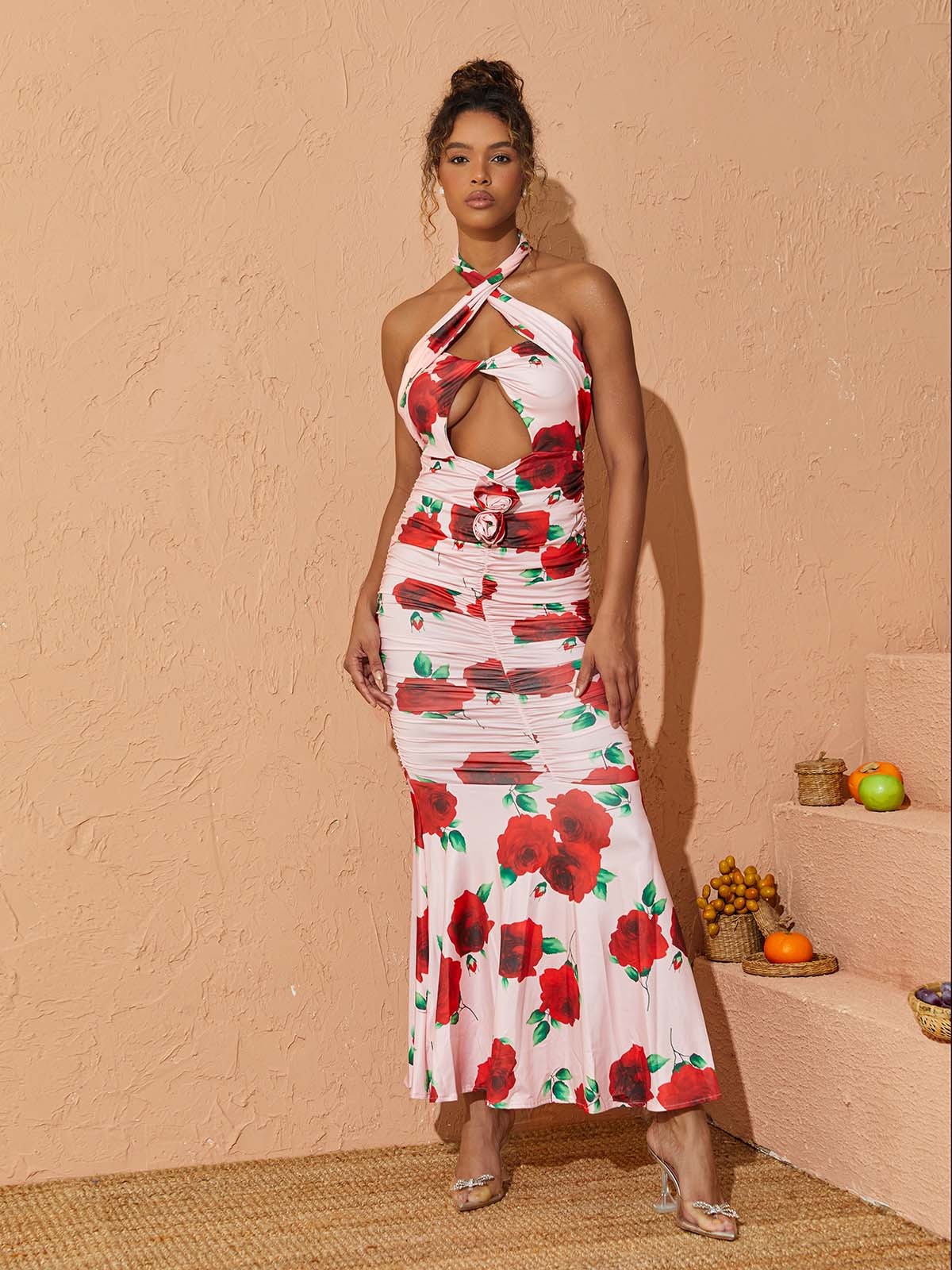 Charlotte Halterneck Rose Printed Maxi Dress-Mix MIx Style