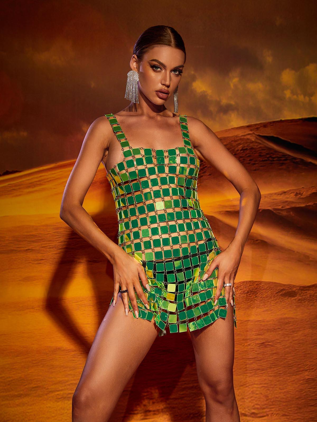 Christina Chainmail Split Light Green Mini Dress-Mix MIx Style