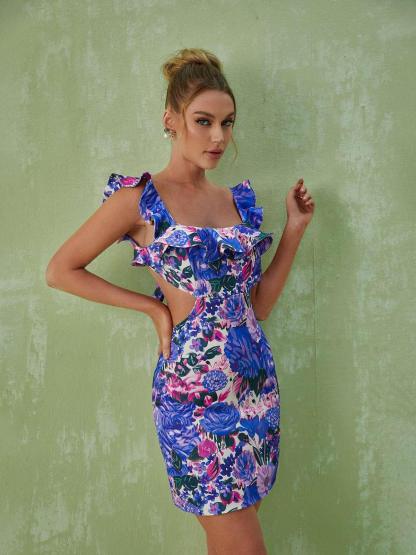 Cinnamon Ruffle Printed Mini Dress-Mix MIx Style
