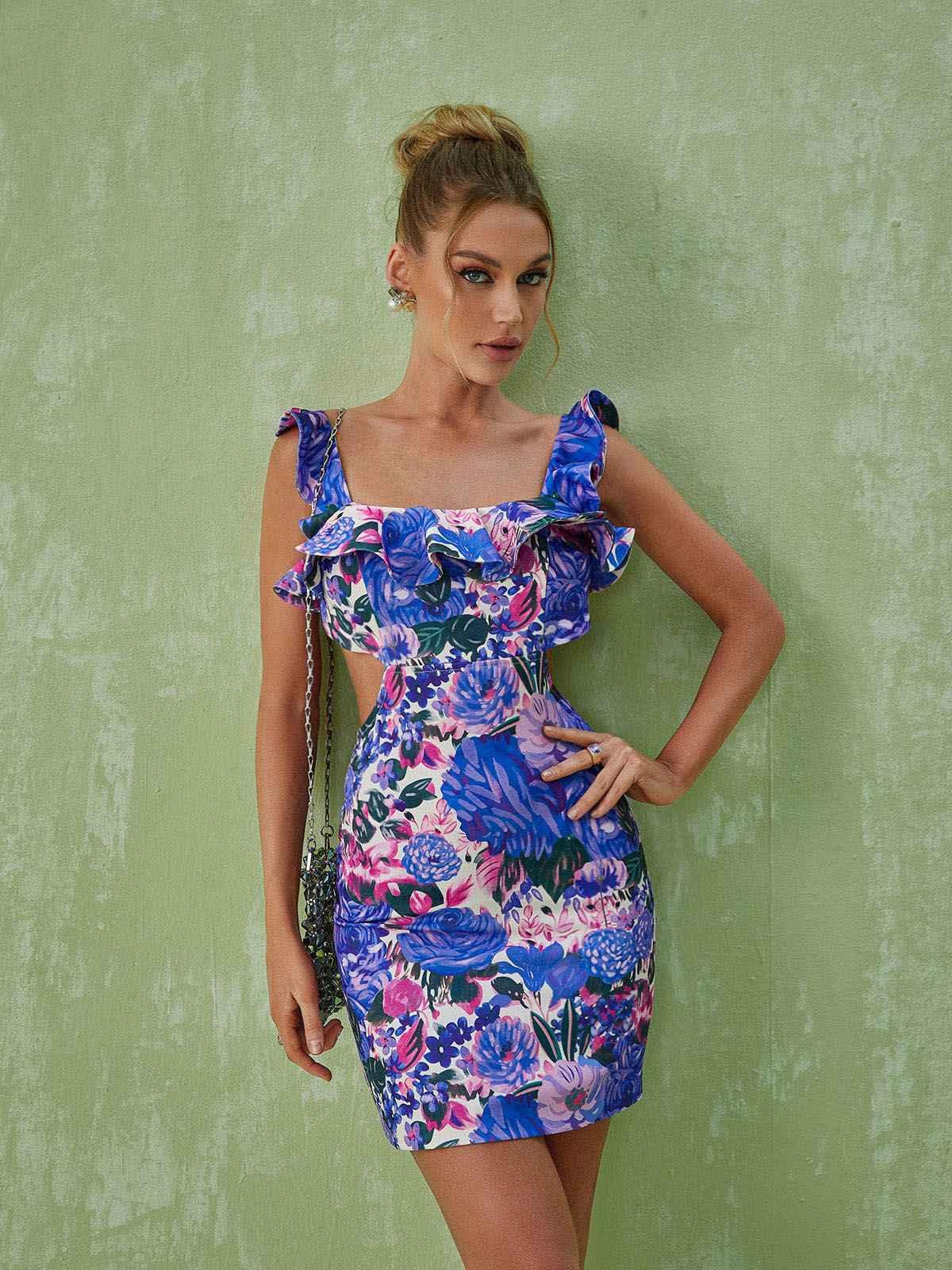 Cinnamon Ruffle Printed Mini Dress-Mix MIx Style