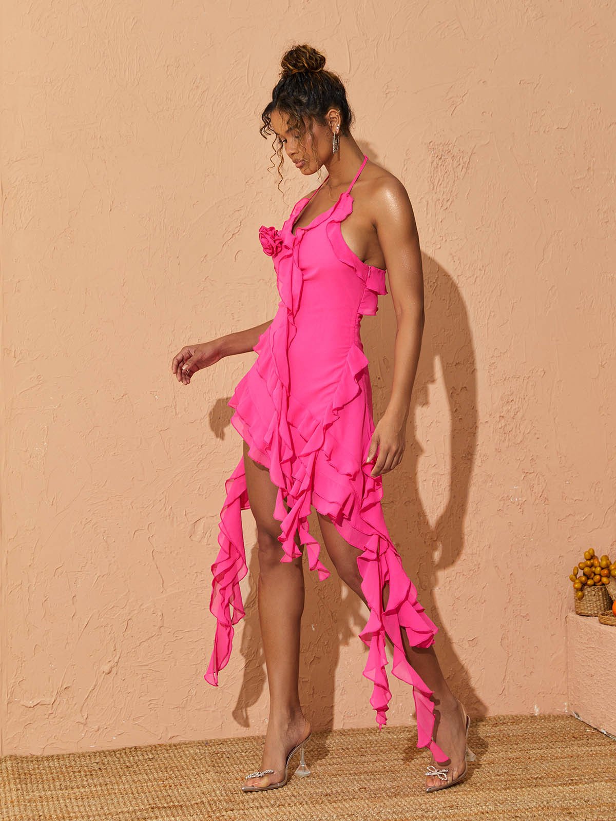 Plunge Mesh Mini Dress In Hot Pink | Mix Mix Style [Hot Seller]-Mix MIx Style