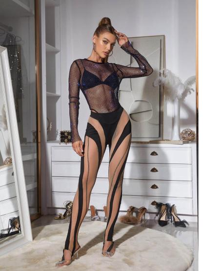 Claudette Mesh Diamond Bodysuit-Mix MIx Style