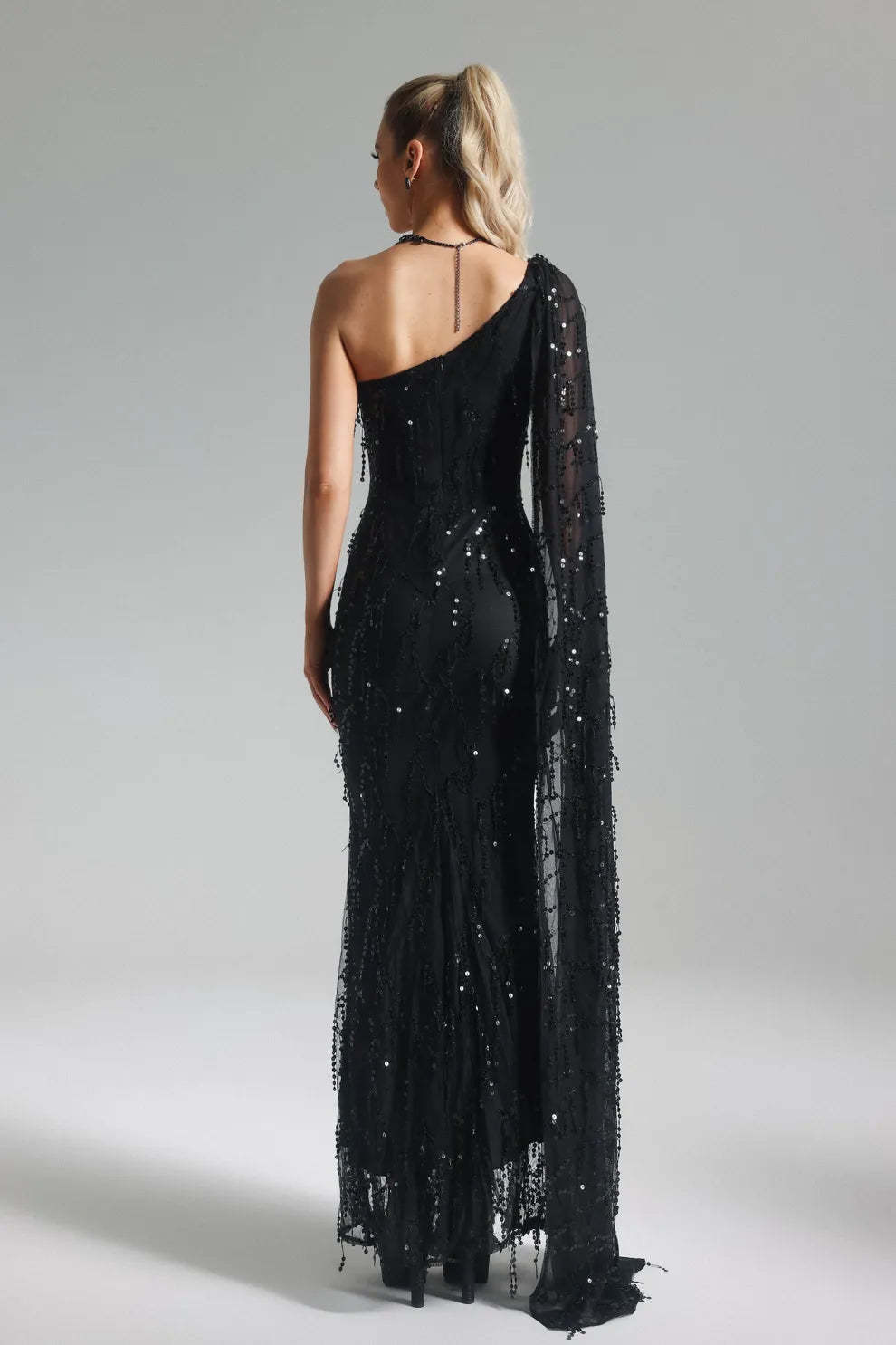 black one shoulder long sleeve embellished sequins Tassel Mesh evening party Maxi Dress | Mix Mix Style