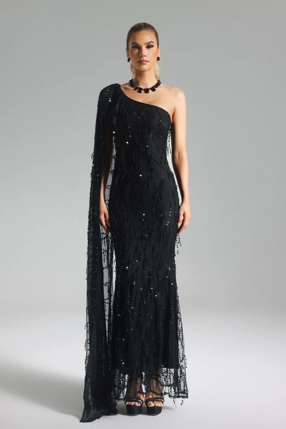 black one shoulder long sleeve embellished sequins Tassel Mesh evening party Maxi Dress | Mix Mix Style