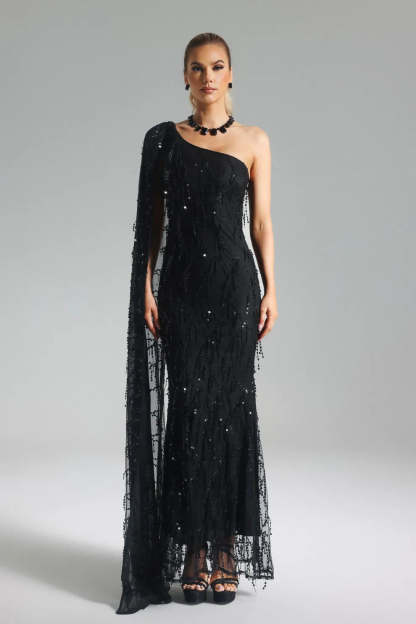 black one shoulder long sleeve embellished sequins Tassel Mesh evening party Maxi Dress | Mix Mix Style