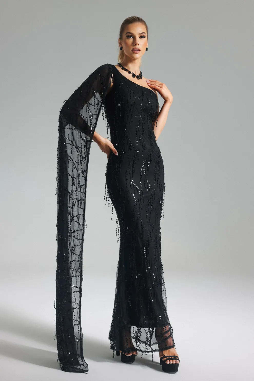 black one shoulder long sleeve embellished sequins Tassel Mesh evening party Maxi Dress | Mix Mix Style-Mix MIx Style