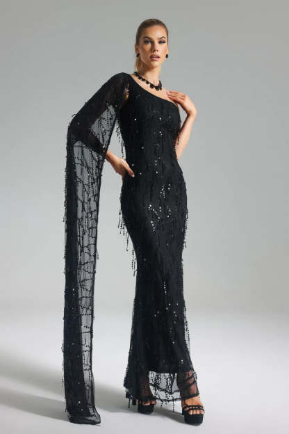 black one shoulder long sleeve embellished sequins Tassel Mesh evening party Maxi Dress | Mix Mix Style