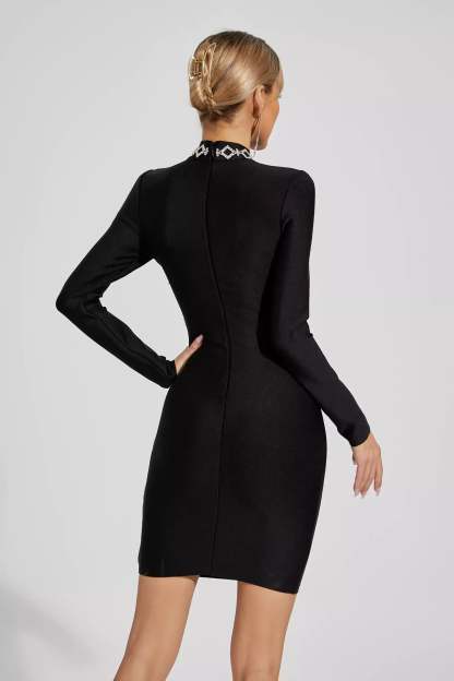 Black collar long Sleeve Embellished Diamonate Cutout Mesh Bandage mini Dress | Mix Mix Style