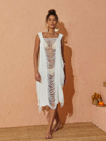 Ripped Knitted Tassel Midi Dress In White Cover Up | Mix Mix Style-Mix MIx Style