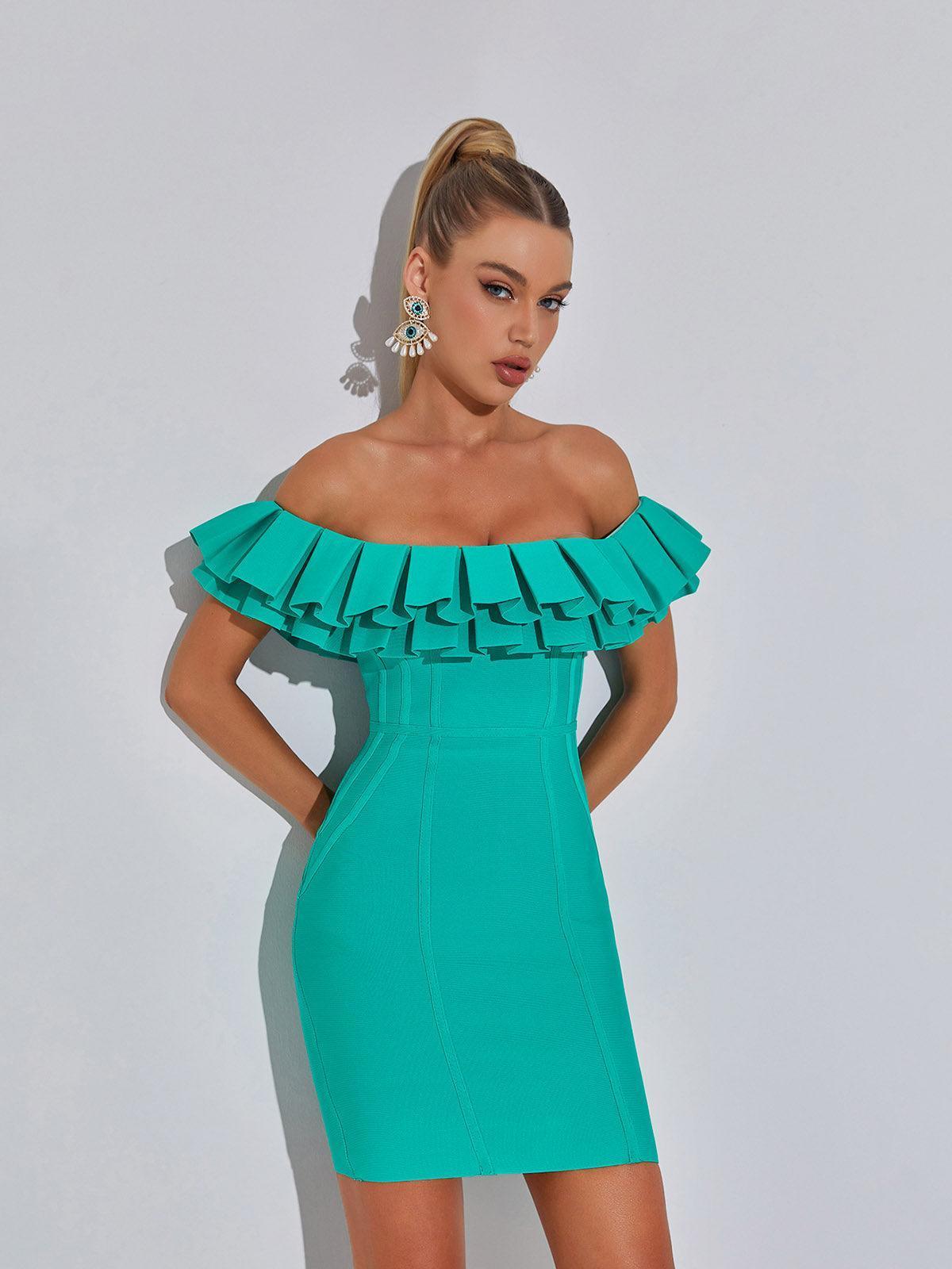 Corisande Off Shoulder Ruffle Bandage Dress in Green-Mix MIx Style