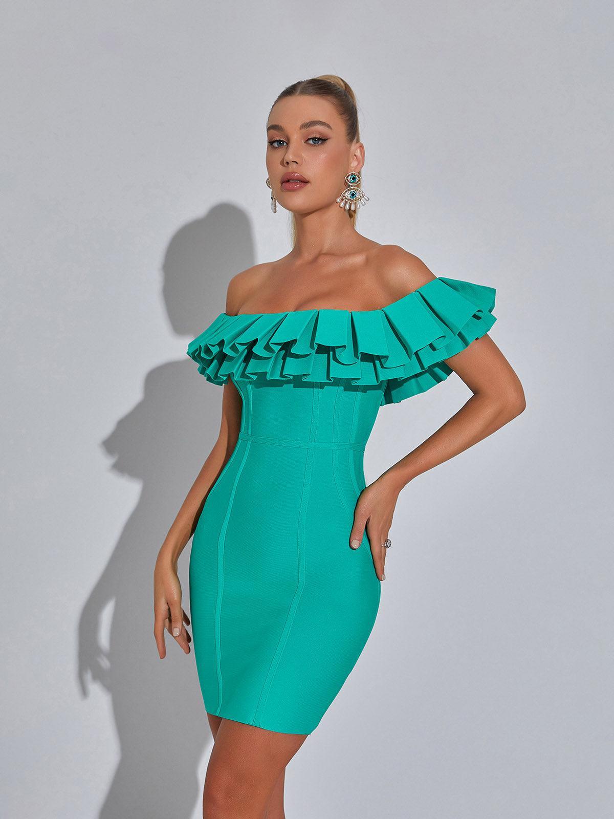Corisande Off Shoulder Ruffle Bandage Dress in Green-Mix MIx Style