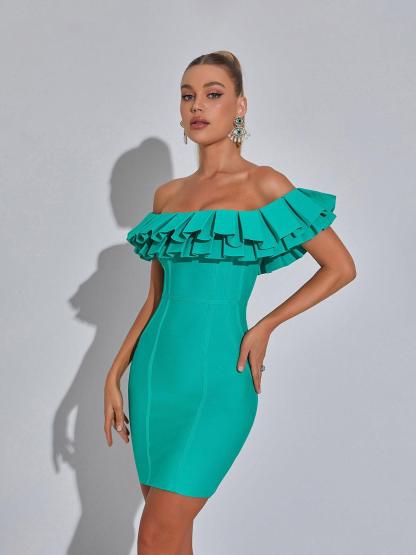 Corisande Off Shoulder Ruffle Bandage Dress in Green-Mix MIx Style