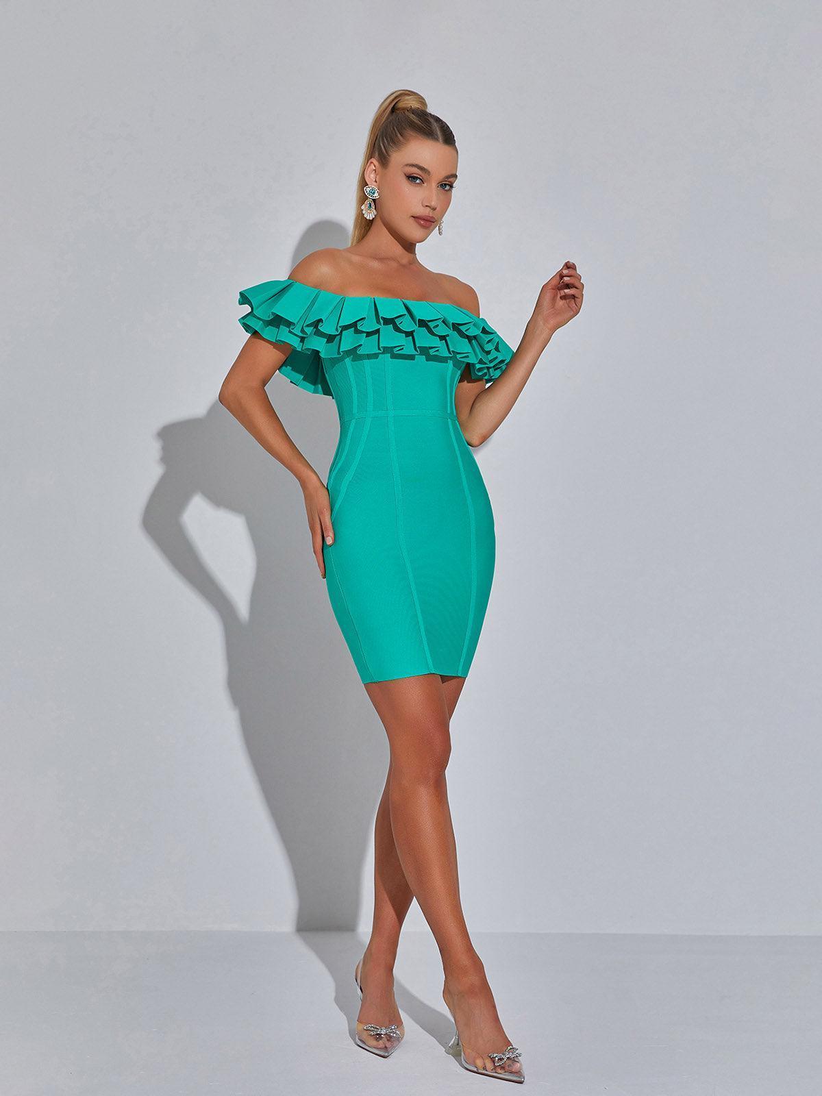 Corisande Off Shoulder Ruffle Bandage Dress in Green-Mix MIx Style