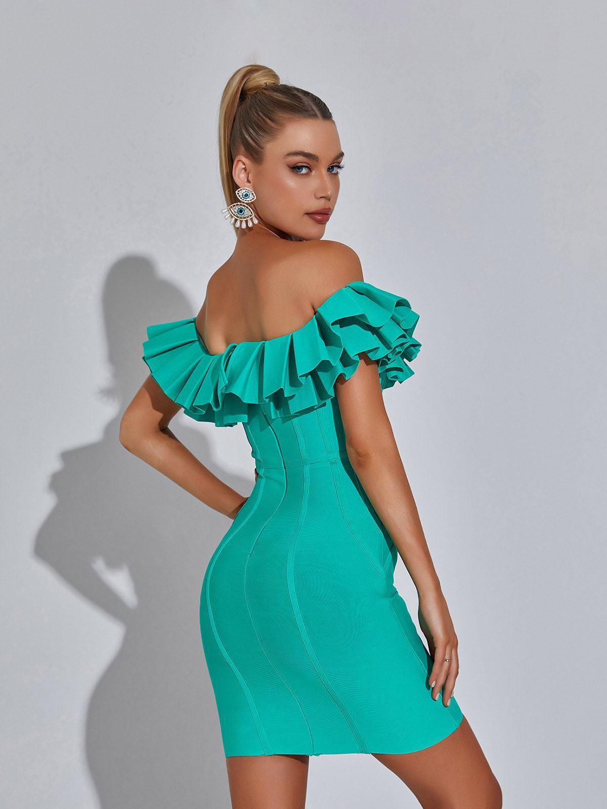 Corisande Off Shoulder Ruffle Bandage Dress in Green-Mix MIx Style