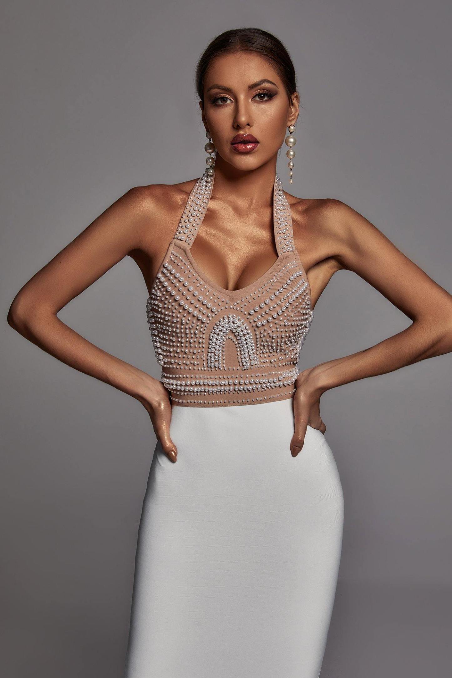 Pearl Halter Bandage Dress in Beige | Mix Mix Style [Hot Seller]-Mix MIx Style